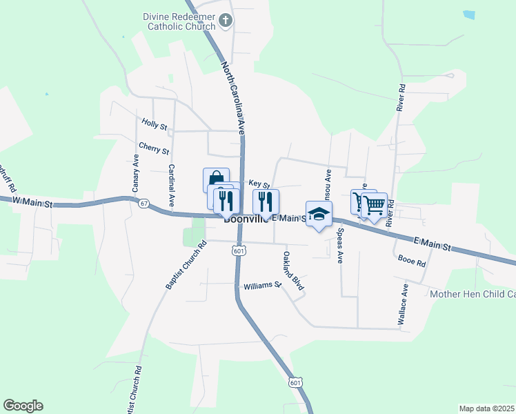 map of restaurants, bars, coffee shops, grocery stores, and more near 105 Park Avenue in Boonville