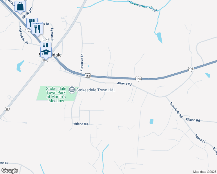 map of restaurants, bars, coffee shops, grocery stores, and more near 7853 Athens Road in Stokesdale