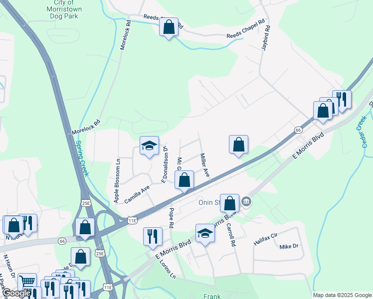 map of restaurants, bars, coffee shops, grocery stores, and more near 511 Mc Ghee Avenue in Morristown