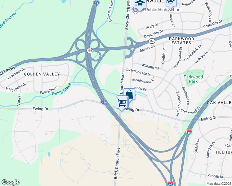 map of restaurants, bars, coffee shops, grocery stores, and more near 414 Ewing Lane in Nashville