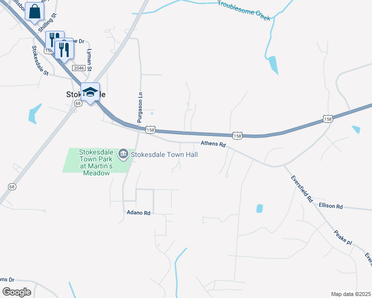 map of restaurants, bars, coffee shops, grocery stores, and more near 7853 Athens Road in Stokesdale