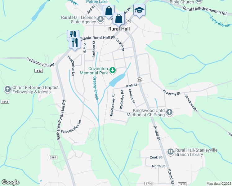 map of restaurants, bars, coffee shops, grocery stores, and more near Brookvalley Road in Rural Hall