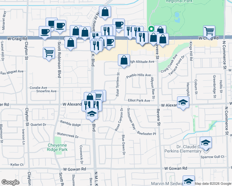 map of restaurants, bars, coffee shops, grocery stores, and more near 1204 Airborne Court in North Las Vegas