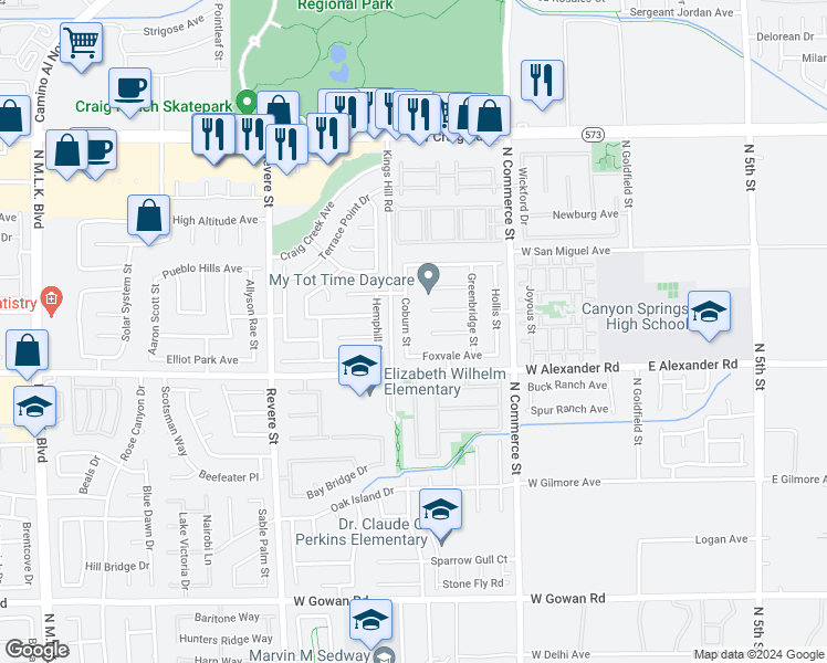 map of restaurants, bars, coffee shops, grocery stores, and more near 4032 Coburn Street in North Las Vegas