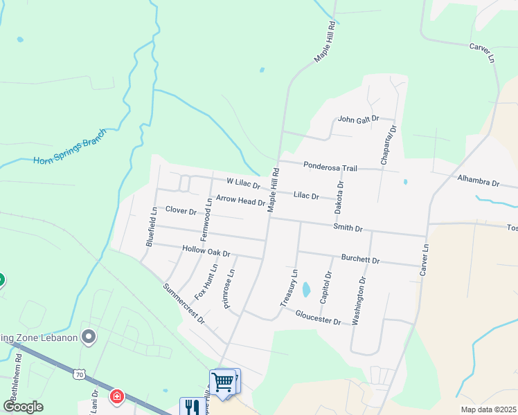 map of restaurants, bars, coffee shops, grocery stores, and more near 1702 Arrowhead Drive in Lebanon