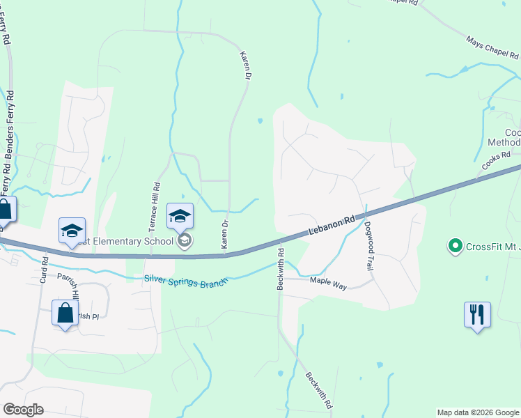 map of restaurants, bars, coffee shops, grocery stores, and more near 1310 Teddys Place in Mt. Juliet