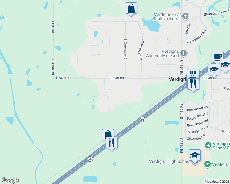 map of restaurants, bars, coffee shops, grocery stores, and more near 7415 East Eldorado Road in Claremore
