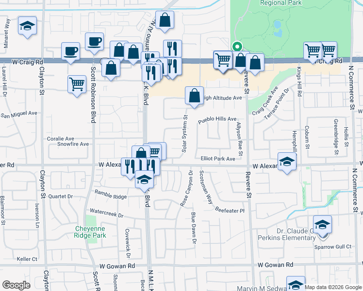 map of restaurants, bars, coffee shops, grocery stores, and more near 1204 Airborne Court in North Las Vegas
