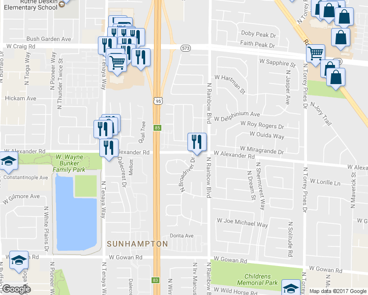 map of restaurants, bars, coffee shops, grocery stores, and more near 6833 Coral Rock Drive in Las Vegas