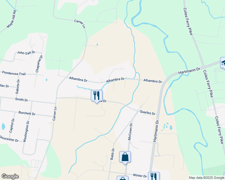 map of restaurants, bars, coffee shops, grocery stores, and more near 1420 Alhambra Drive in Lebanon