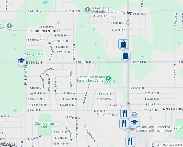 map of restaurants, bars, coffee shops, grocery stores, and more near 5515 North Iroquois Avenue in Tulsa