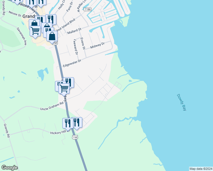 map of restaurants, bars, coffee shops, grocery stores, and more near 107 North Bowsprit Lane in Grandy