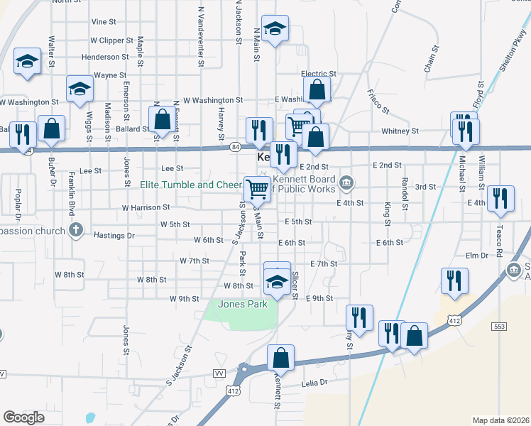 map of restaurants, bars, coffee shops, grocery stores, and more near 311 South Main Street in Kennett