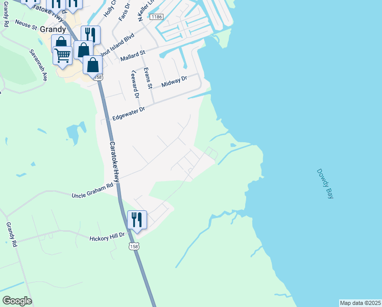 map of restaurants, bars, coffee shops, grocery stores, and more near 107 North Bowsprit Lane in Grandy