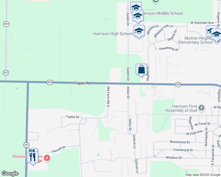 map of restaurants, bars, coffee shops, grocery stores, and more near 303 Old Farm Road South in Harrison