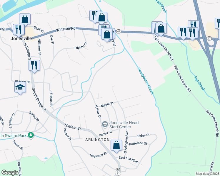 map of restaurants, bars, coffee shops, grocery stores, and more near 225 North Arlington Avenue in Jonesville