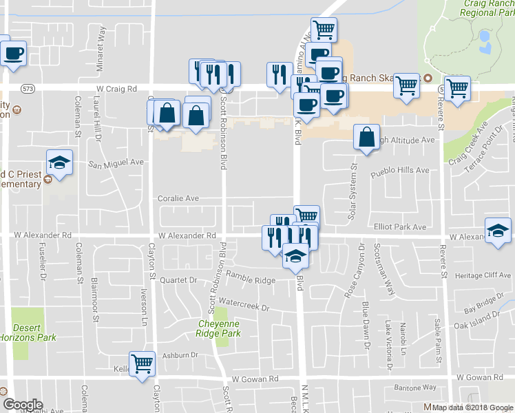 map of restaurants, bars, coffee shops, grocery stores, and more near 4044 Clove Hitch Street in North Las Vegas