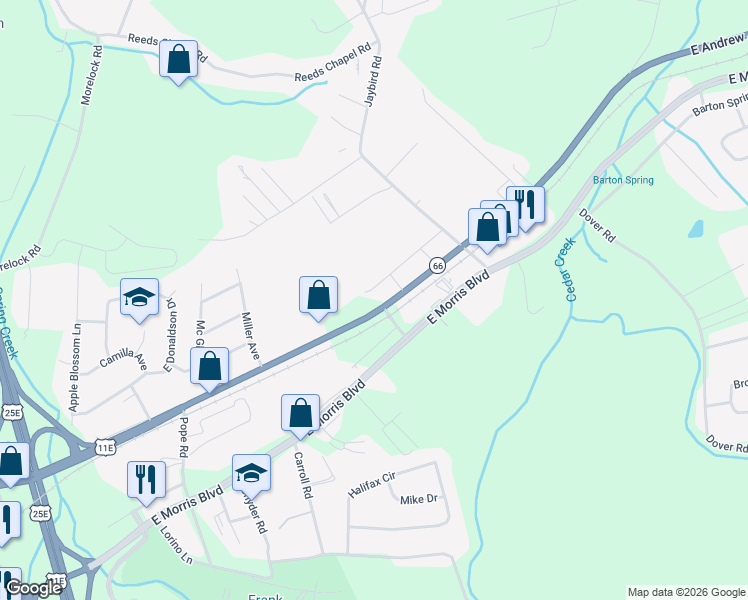 map of restaurants, bars, coffee shops, grocery stores, and more near 4001 Cool Springs Road in Morristown