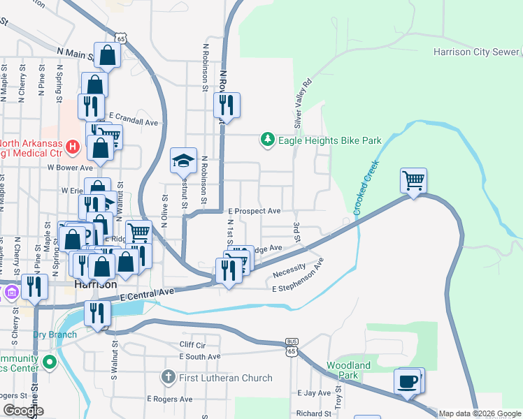 map of restaurants, bars, coffee shops, grocery stores, and more near 401 North 2nd Street in Harrison