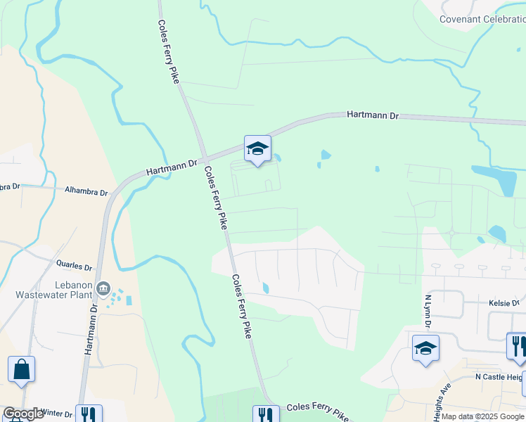 map of restaurants, bars, coffee shops, grocery stores, and more near 709 Hancock Lane in Lebanon