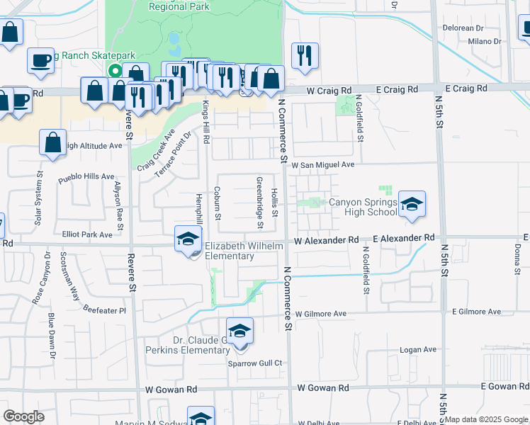 map of restaurants, bars, coffee shops, grocery stores, and more near 4034 Greenbridge Street in North Las Vegas