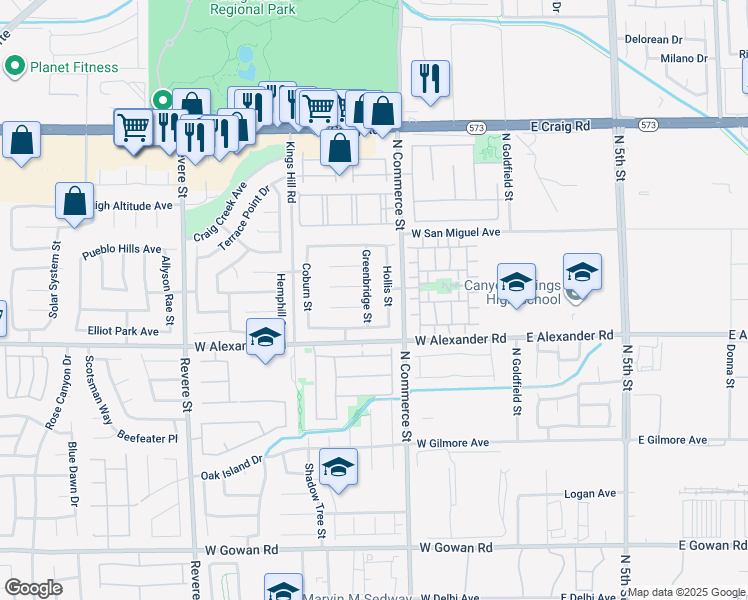 map of restaurants, bars, coffee shops, grocery stores, and more near 4034 Greenbridge Street in North Las Vegas