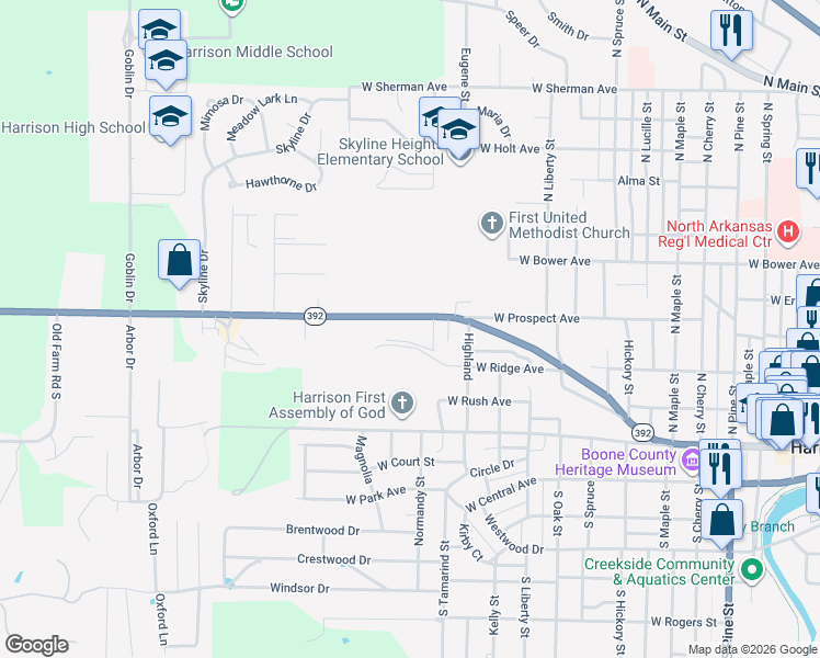 map of restaurants, bars, coffee shops, grocery stores, and more near 1302 Arkansas 392 in Harrison