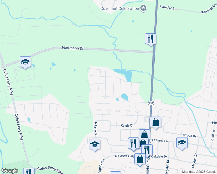map of restaurants, bars, coffee shops, grocery stores, and more near 1500 Hunters Point Pike in Lebanon