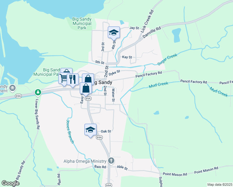 map of restaurants, bars, coffee shops, grocery stores, and more near 98 Melton Ln in Big Sandy