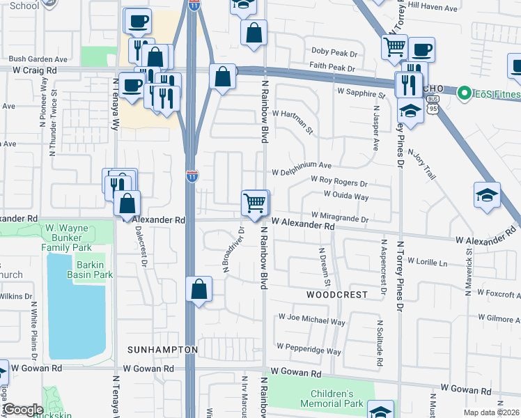 map of restaurants, bars, coffee shops, grocery stores, and more near 4013 North Compass Rose Way in Las Vegas