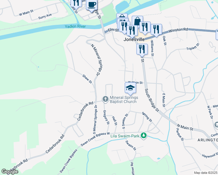 map of restaurants, bars, coffee shops, grocery stores, and more near 139 Cemetery Drive in Jonesville