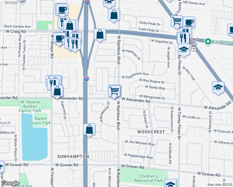 map of restaurants, bars, coffee shops, grocery stores, and more near 4013 North Compass Rose Way in Las Vegas