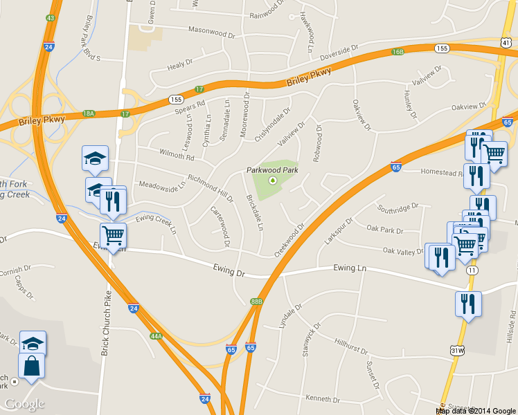 map of restaurants, bars, coffee shops, grocery stores, and more near 3124 Brickdale Lane in Nashville
