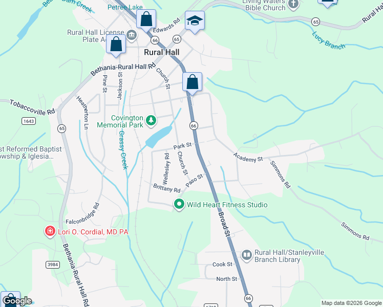 map of restaurants, bars, coffee shops, grocery stores, and more near 7690 Broad Street in Rural Hall