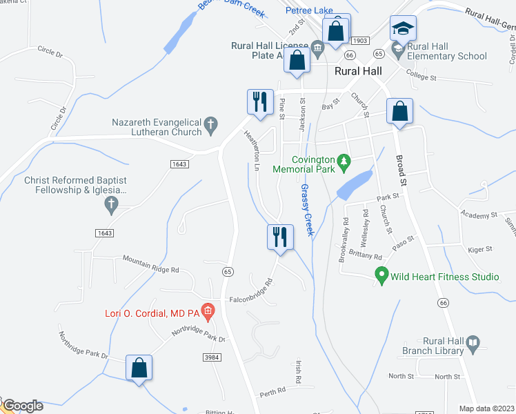 map of restaurants, bars, coffee shops, grocery stores, and more near 544 Heatherton Lane in Rural Hall