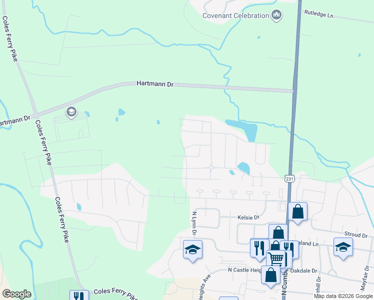 map of restaurants, bars, coffee shops, grocery stores, and more near 1500 Hunters Point Pike in Lebanon