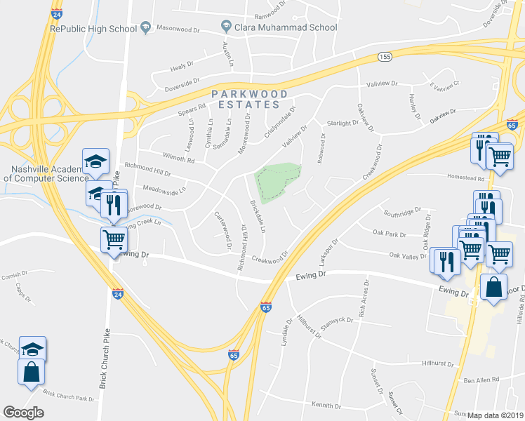map of restaurants, bars, coffee shops, grocery stores, and more near 3124 Brickdale Lane in Nashville
