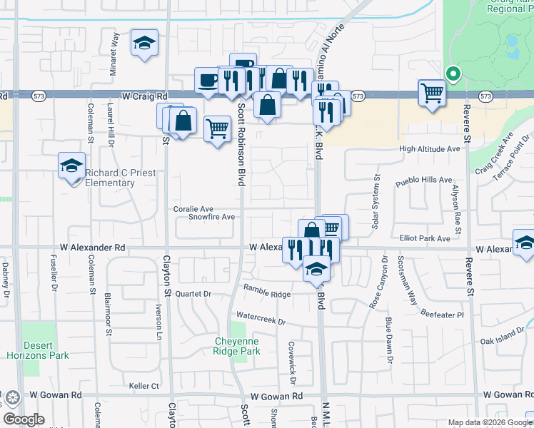 map of restaurants, bars, coffee shops, grocery stores, and more near 1708 Mizzenmast Avenue in North Las Vegas