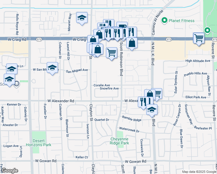 map of restaurants, bars, coffee shops, grocery stores, and more near 1840 Snowfire Avenue in North Las Vegas