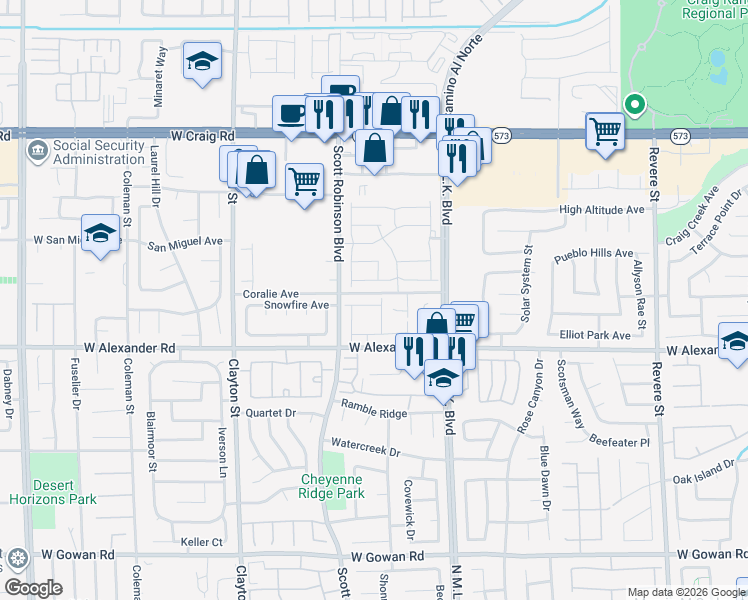 map of restaurants, bars, coffee shops, grocery stores, and more near 1708 Mizzenmast Avenue in North Las Vegas