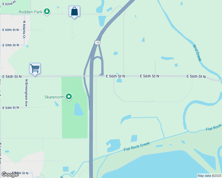 map of restaurants, bars, coffee shops, grocery stores, and more near 3500 East 56th Street North in Tulsa