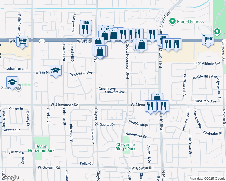 map of restaurants, bars, coffee shops, grocery stores, and more near 1840 Snowfire Avenue in North Las Vegas