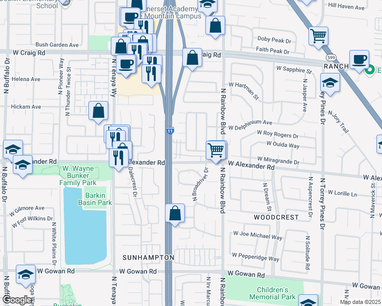 map of restaurants, bars, coffee shops, grocery stores, and more near 6860 Coral Rock Drive in Las Vegas