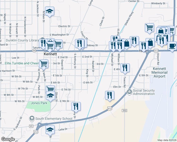map of restaurants, bars, coffee shops, grocery stores, and more near 810 East 4th Street in Kennett