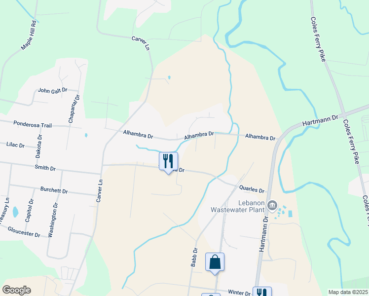 map of restaurants, bars, coffee shops, grocery stores, and more near 1422 Alhambra Drive in Lebanon