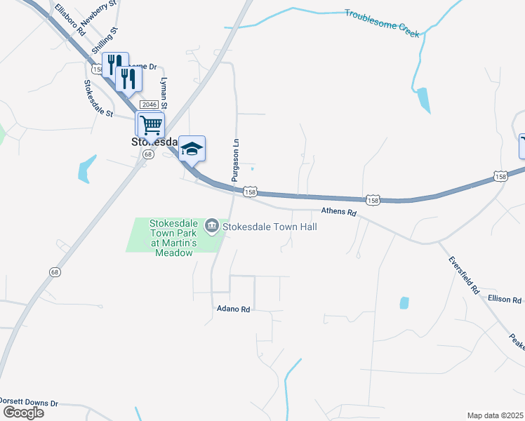 map of restaurants, bars, coffee shops, grocery stores, and more near 7862 Athens Road in Stokesdale