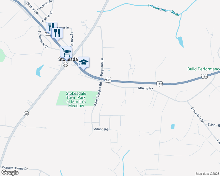 map of restaurants, bars, coffee shops, grocery stores, and more near 7871 Athens Road in Stokesdale