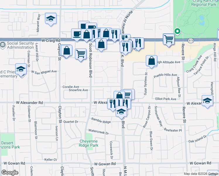 map of restaurants, bars, coffee shops, grocery stores, and more near 4052 Clove Hitch Street in North Las Vegas