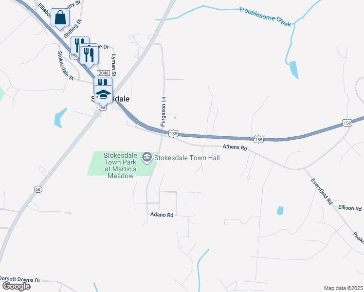 map of restaurants, bars, coffee shops, grocery stores, and more near 7869 Athens Road in Stokesdale