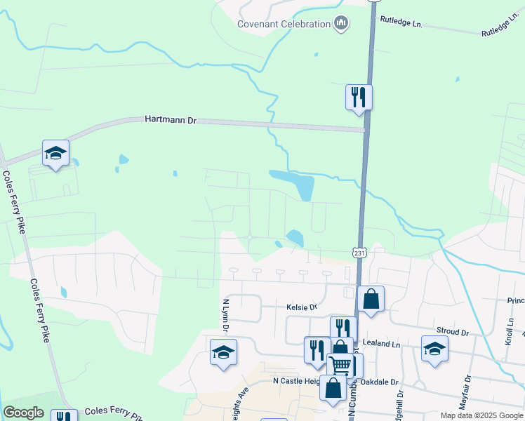 map of restaurants, bars, coffee shops, grocery stores, and more near 1500 Hunters Point Pike in Lebanon